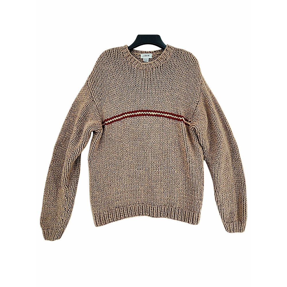 J Crew Hand Knit Wool Sweater M Men Tan Chunky Crewneck Colorblock Stripe Dad